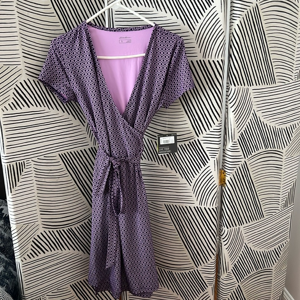 NWT Eddie Bauer Purple Print Midi Wrap Dress